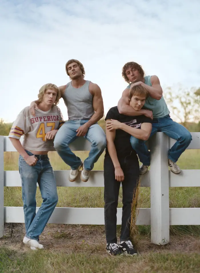 Harris Dickinson, left, Zaf Efron, Stanley Simons and Jeremy Allen White play the Von Erich brothers in The Iron Claw movie.